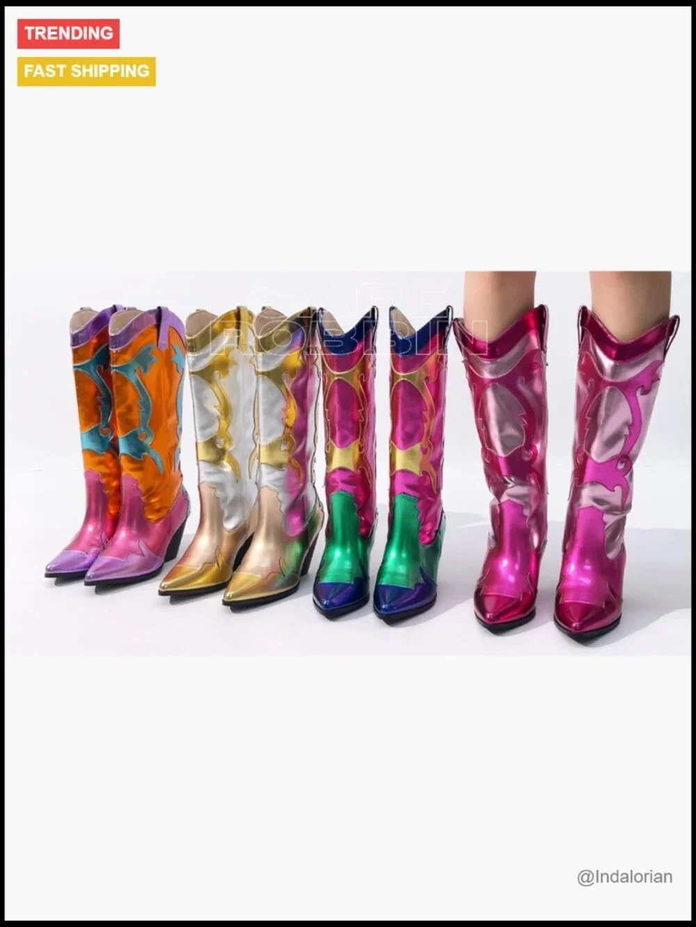 Metallic Colorblock Cowboy Boots - Faux Leather Mid Calf 3in Heel Pointed Toe - Picture 7 of 7